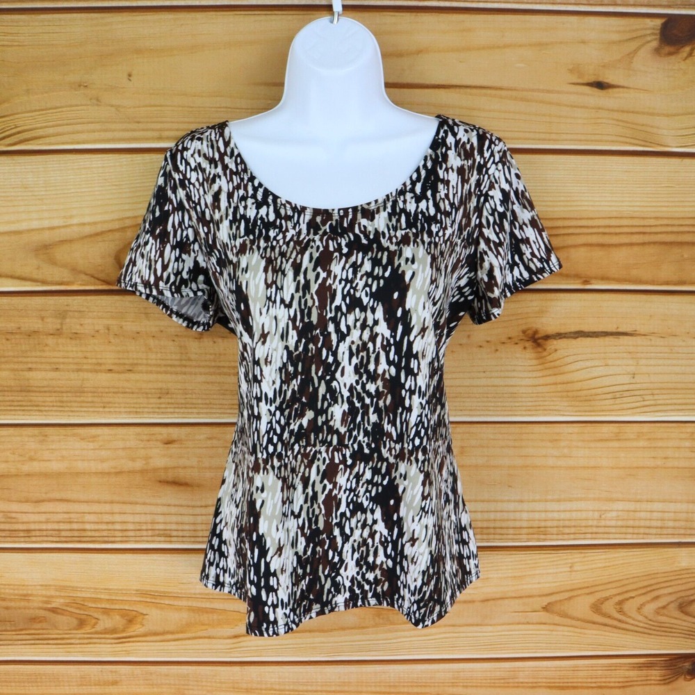 Notations Blouse Round‎ Neck Womens Size M Black White Brown Poly Short Sleeve